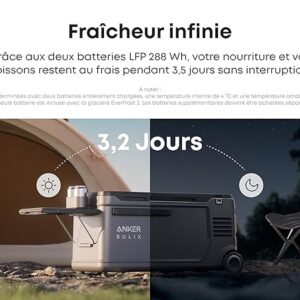 découvrez la glacière portable anker solix everfrost 2 40l avec batterie 288wh, compatible énergie ca/cc/solaire, idéale pour le camping, le voyage et la pêche. gardez vos aliments et boissons frais où que vous soyez.