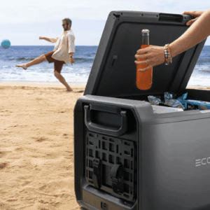 glacière portable 55l à double zone pour camping et vanlife, offrant jusqu'à 39h d'autonomie pour garder vos boissons et aliments frais en toutes occasions.